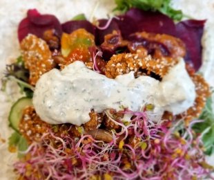 Zdjęcie przedstawia skrzydełka z boczniaka, kiełki buraka i warzywa w tortilli